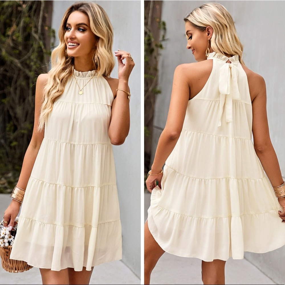 Cream Tie Back Ruffle Collar Tiered Dress - Picture 2 of 2